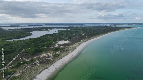 Studland Naturist Beach and Knoll Beach Studland over Studland and Godlingston Heath National Nature Reserve from a drone, Studland, Poole, Dorset, England photo