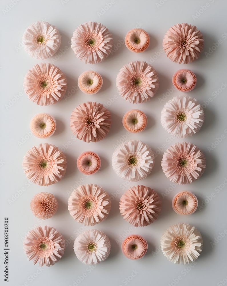 The flowers are meticulously organized in a minimalist composition, showcasing pastel colors that evoke a sense of tranquility and elegance. The flowers are meticulously organized in a minimalist composition, showcasing pastel colors that evoke a sense of tranquility and elegance.