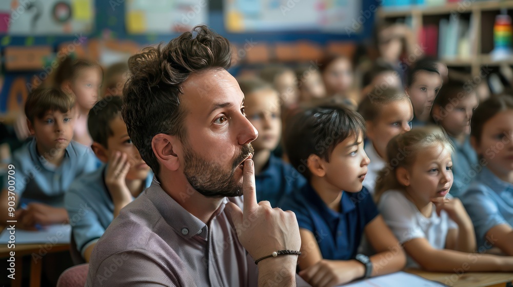 Teacher making a shushing gesture in a classroom full of attentive students
