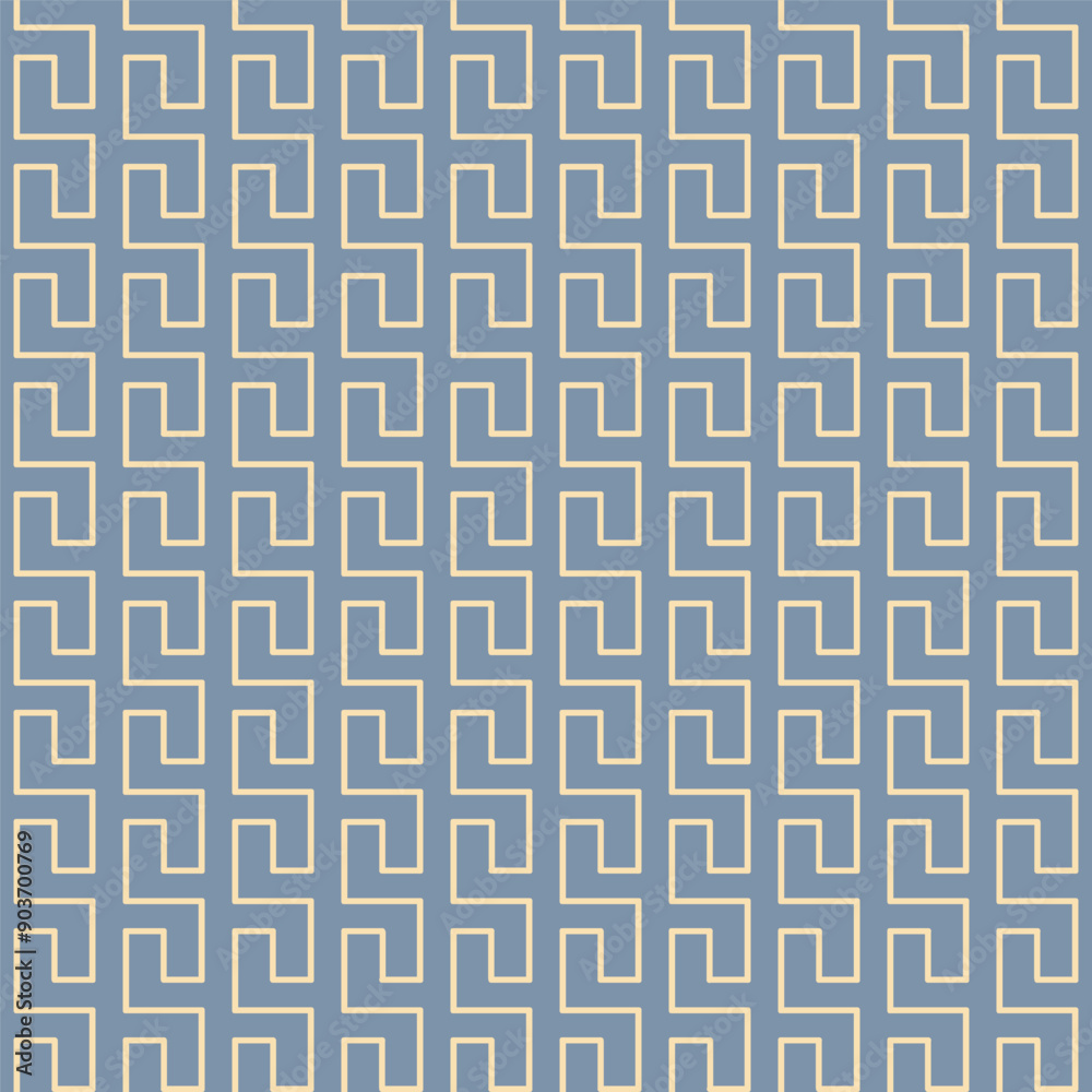 Repeating geometric motif pattern. Beige interconnected right-angled lines on muted blue background. Repeating geometric motif pattern. Beige interconnected right-angled lines on muted blue background.
