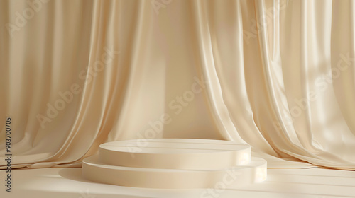 An empty product display stand against a minimalist background with silk.，white curtains on a white background