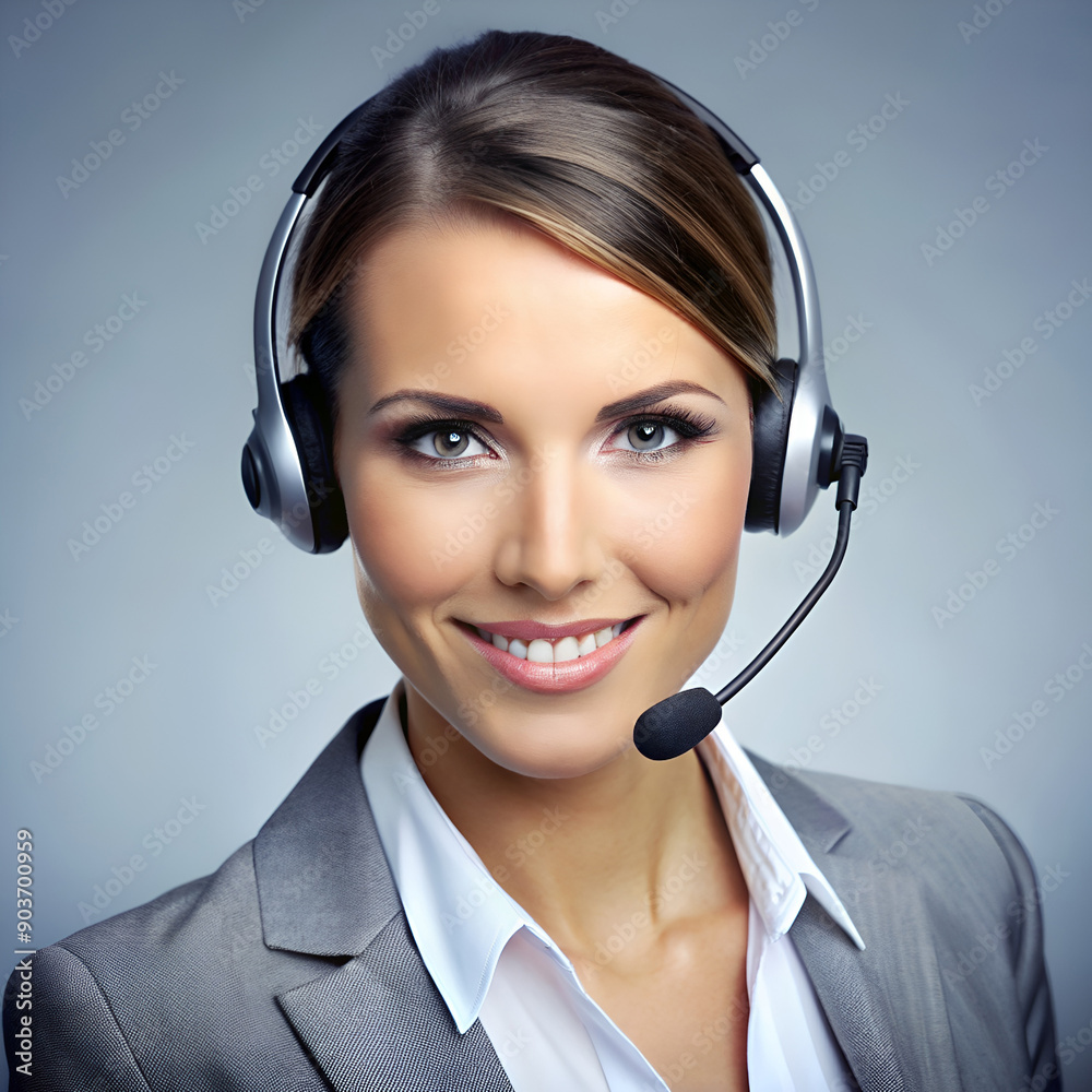 Smiling customer service representative wearing a headset, ready to assist clients professionally Smiling customer service representative wearing a headset, ready to assist clients professionally