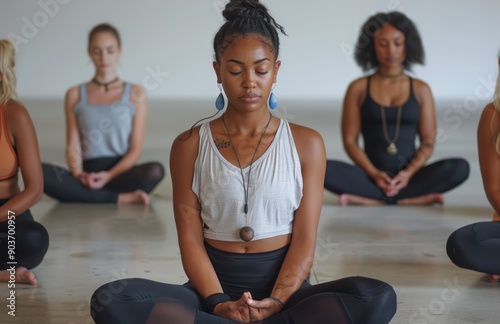 Group of women practicing yoga in a serene and empty studio focusing on mindfulness and meditation photo