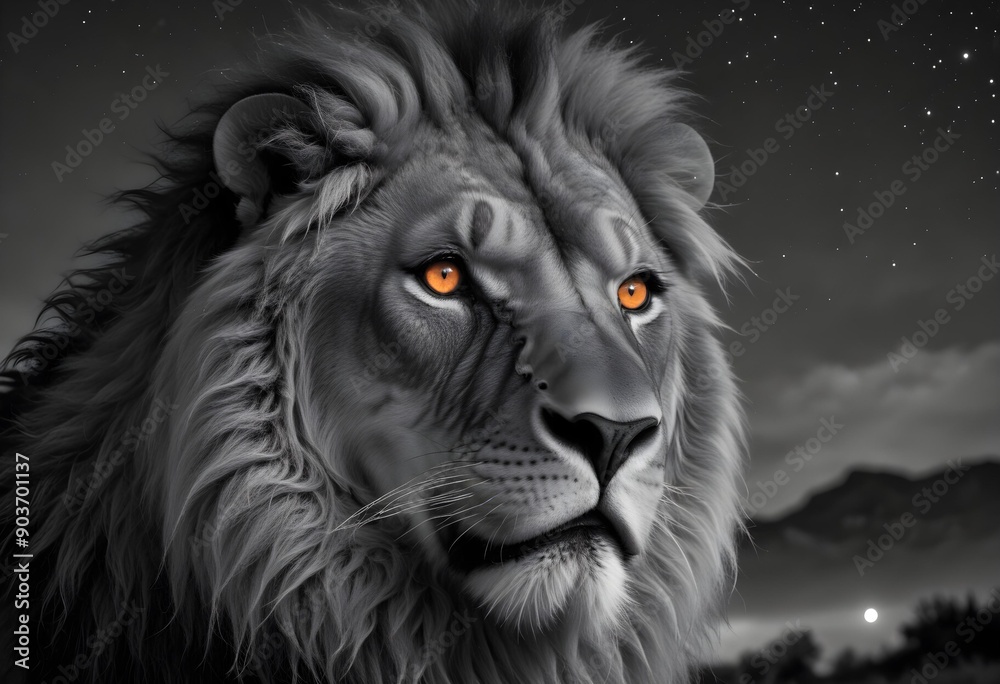 portrait of monochrome lion head with orange eyes against a dark and starry background portrait of monochrome lion head with orange eyes against a dark and starry background
