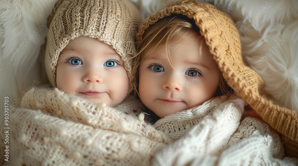 Twin Treasures: A heartwarming portrait of two adorable babies wrapped in cozy knitted blankets, their big blue eyes gazing directly at the camera. Twin Treasures: A heartwarming portrait of two adorable babies wrapped in cozy knitted blankets, their big blue eyes gazing directly at the camera.