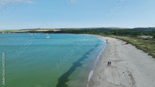 Studland Naturist Beach and Knoll Beach Studland over Studland and Godlingston Heath National Nature Reserve from a drone, Studland, Poole, Dorset, England photo