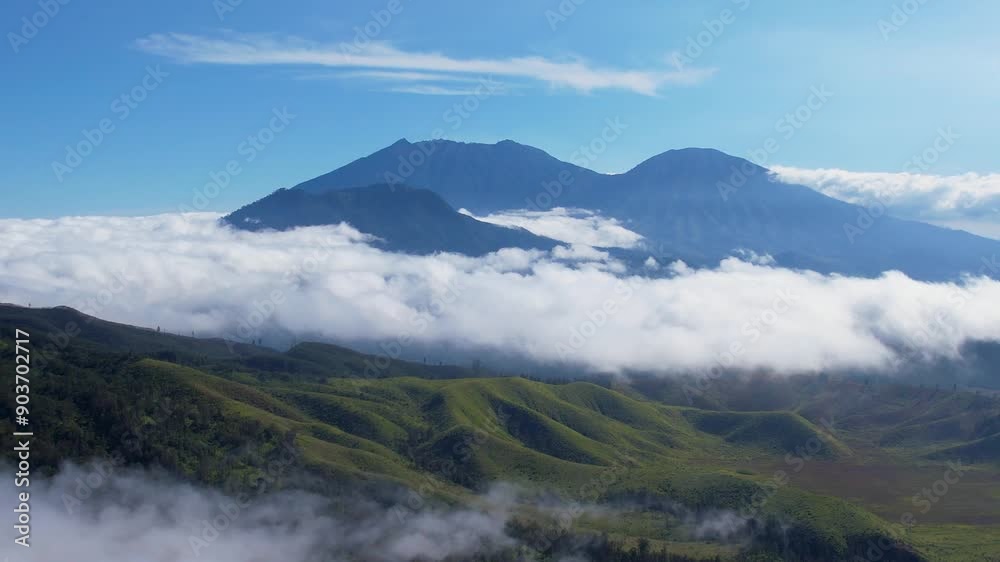 Aerial view of mysterious sky in misty mountains nature in the distance Aerial view of mysterious sky in misty mountains nature in the distance