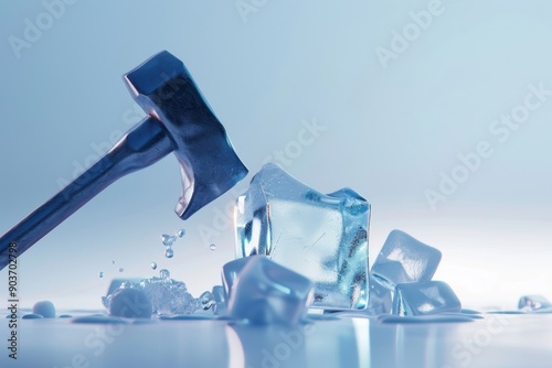 Hammer cracking ice block, minimalist style. Abstract, cold shapes emphasize 
