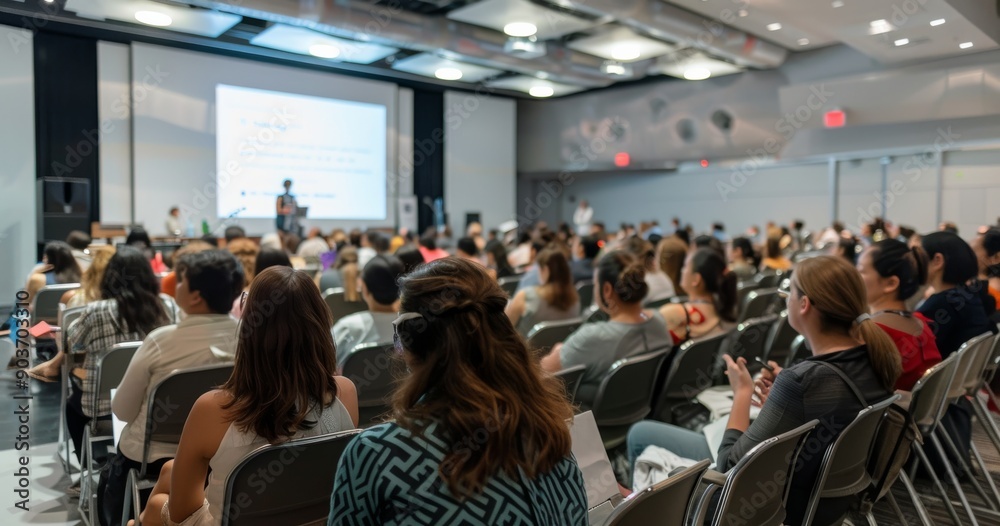 custom made wallpaper toronto digitalA diverse audience attending a conference in a modern lecture hall, focusing on a speaker presenting in front of a large projection screen. Attendees are seated and engaged in the discussion.