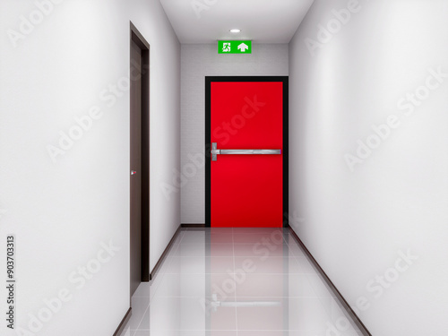 emergency fire exit sign or fire escape with the doorway or door exit in the building
