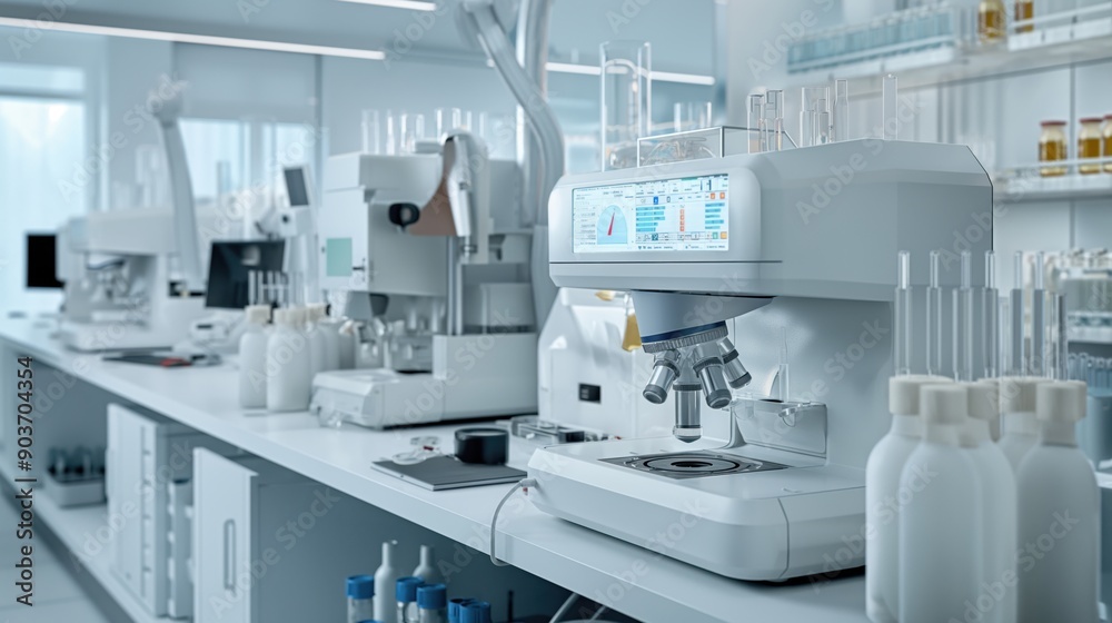 Modern laboratory with advanced scientific equipment including a digital microscope, computers, and various laboratory bottles and glassware. Modern laboratory with advanced scientific equipment including a digital microscope, computers, and various laboratory bottles and glassware.