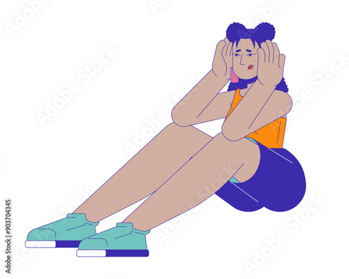 Exhausted worried latina woman holding head 2D cartoon character. Desperate looking hispanic female isolated flat vector person white background. Migraine anxious color spot illustration
