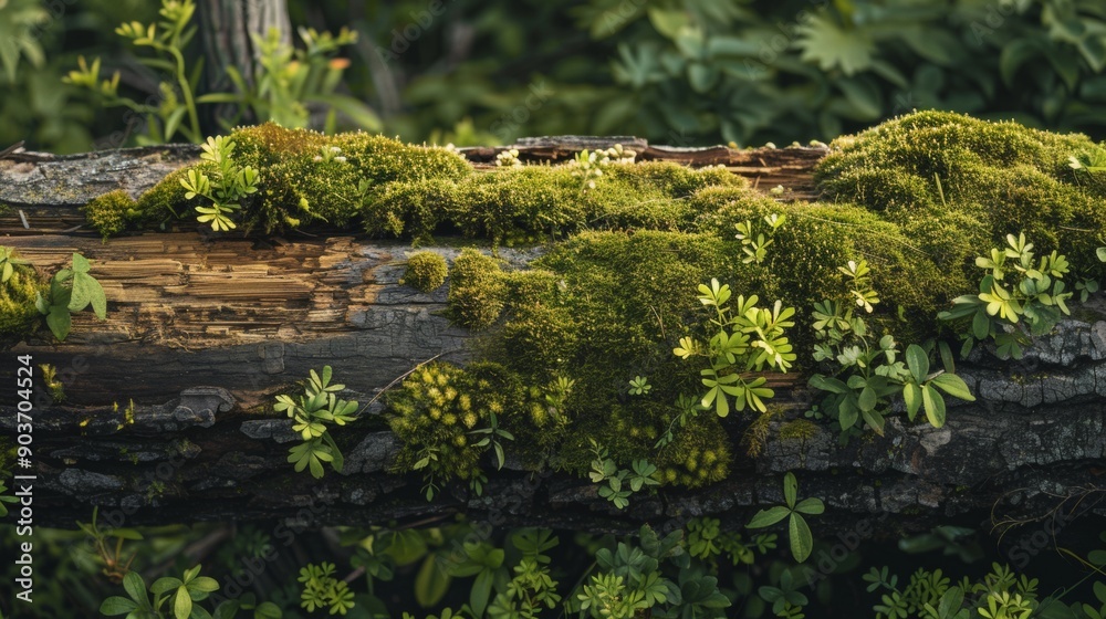 A moss covered log with green leaves and green moss A moss covered log with green leaves and green moss