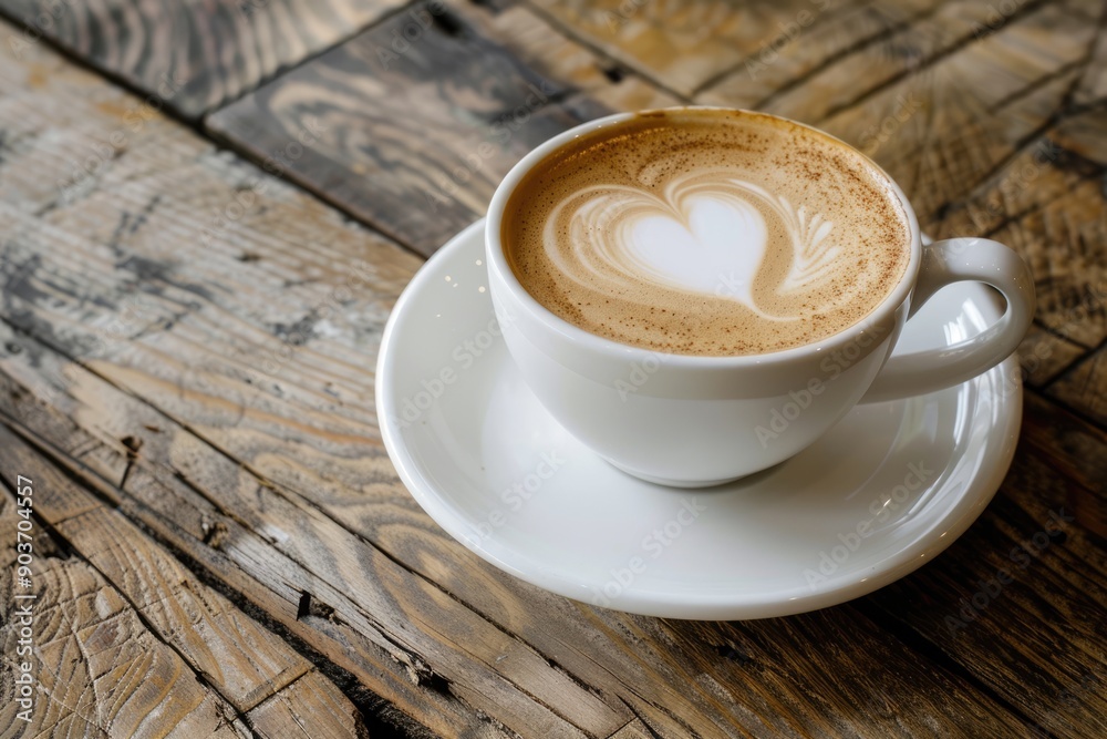 A Cup of Latte with Heart Design on a Rustic Wooden Table A Cup of Latte with Heart Design on a Rustic Wooden Table