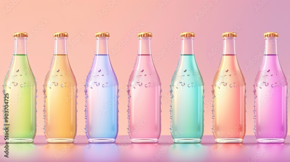 Vibrant bottles of chilled fruit drinks, tea, and soda glisten with condensation, perfect for marketing visuals and brochures.