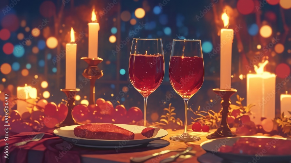 An elegant glass of red wine beside a candlelit dinner