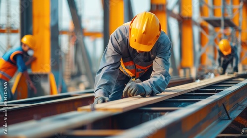 Construction workers assembling steel beams for a new bridge project