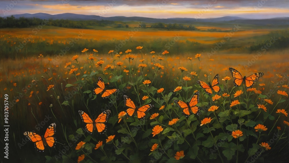 Fototapeta premium Delicate wildflowers and orange butterflies painted with oil paints