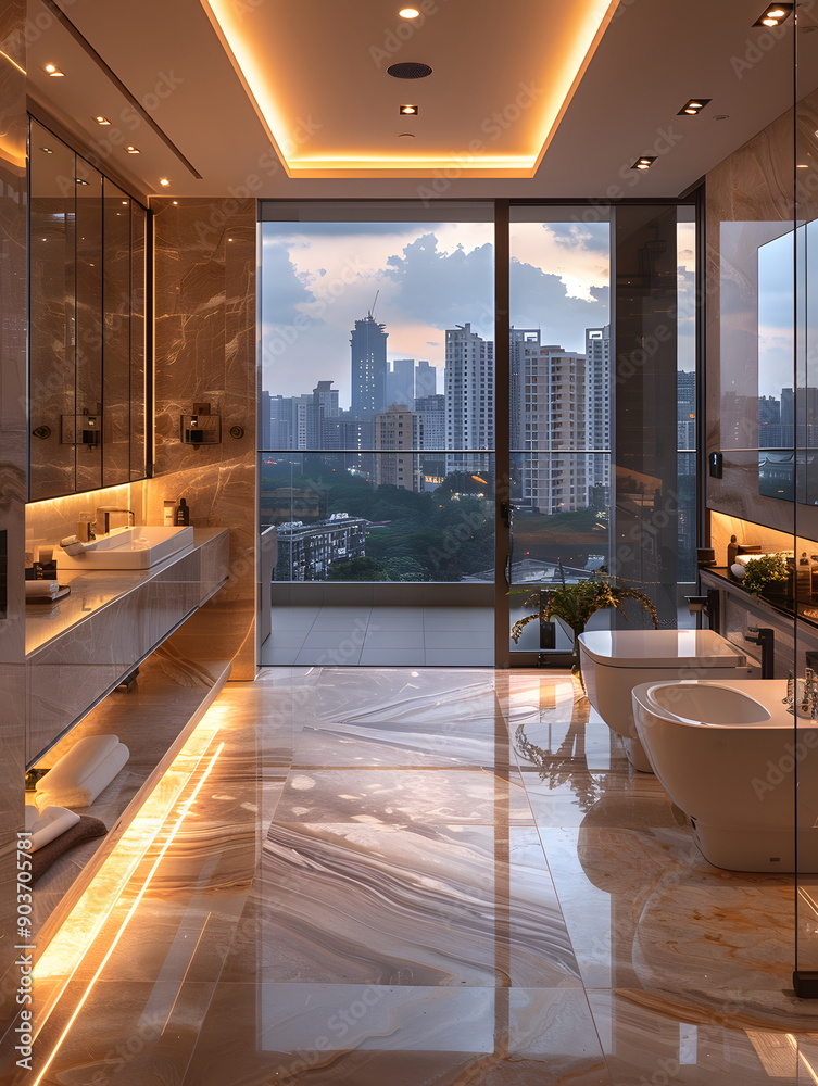 Image showcasing High-end luxury bathroom in a high-rise building Looks comfortable with ...