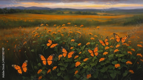 Delicate wildflowers and orange butterflies painted with oil paints