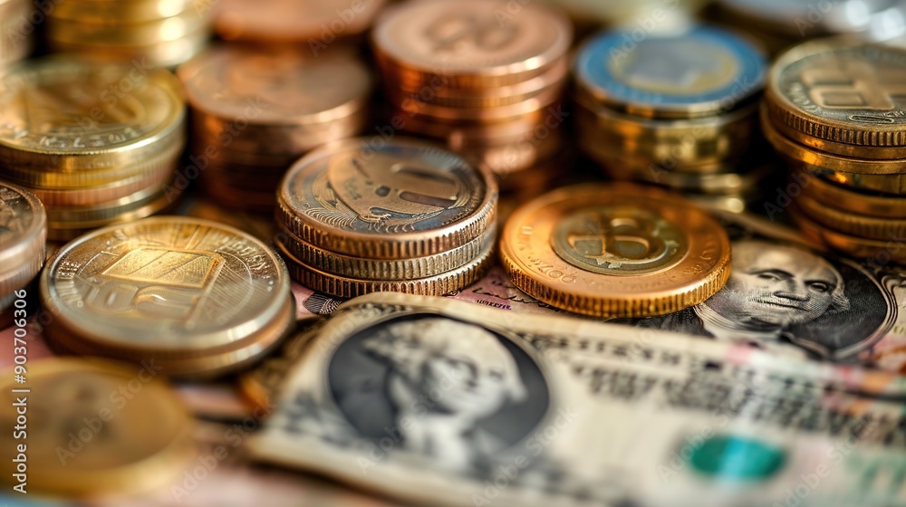 Coin Stacks and Dollar Bill: A close-up shot of a diverse collection of coins, including Bitcoin, stacked high and scattered across a dollar bill, representing financial wealth, global currency exchan Coin Stacks and Dollar Bill: A close-up shot of a diverse collection of coins, including Bitcoin, stacked high and scattered across a dollar bill, representing financial wealth, global currency exchan