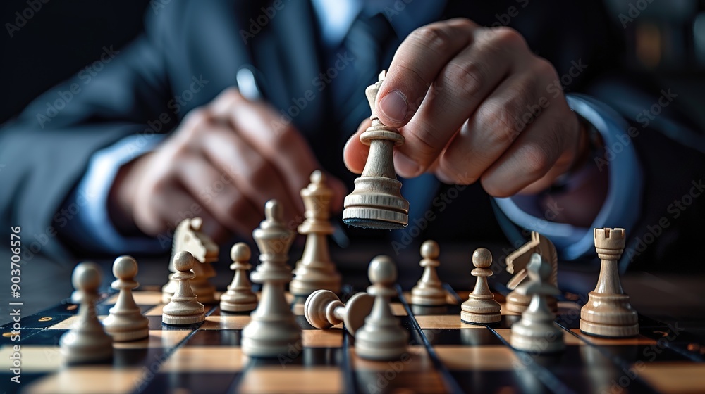 The Chess Master: A businessman's hand strategically maneuvers a chess piece, representing the calculated moves and strategic thinking needed for success in business. The Chess Master: A businessman's hand strategically maneuvers a chess piece, representing the calculated moves and strategic thinking needed for success in business.