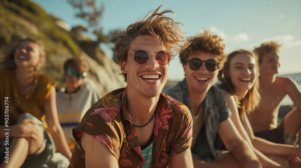 Group of young friends smiling and enjoying a sunny day outdoors by the ocean, with two people in the center wearing sunglasses and laughing. Group of young friends smiling and enjoying a sunny day outdoors by the ocean, with two people in the center wearing sunglasses and laughing.