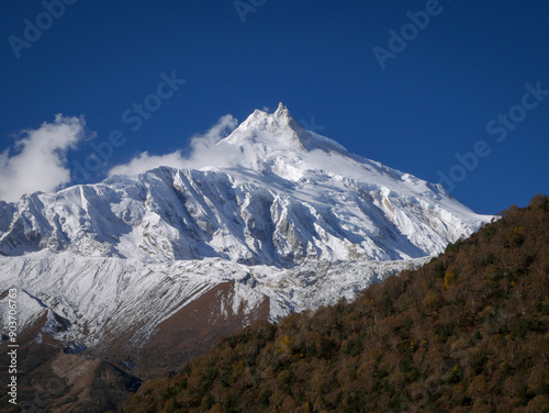 Manaslu summit view from valley