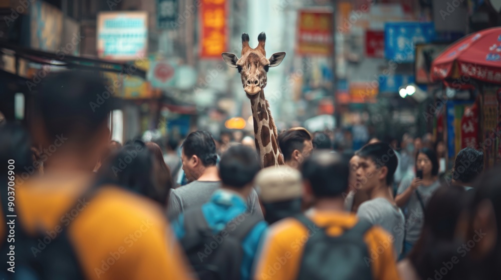 A giraffe standing among people in a crowded urban street with storefronts and signs in the background. A giraffe standing among people in a crowded urban street with storefronts and signs in the background.