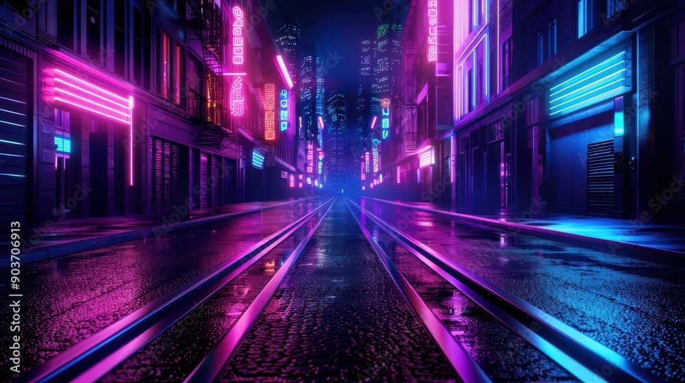 Neon-Lit Urban Street at Night with Futuristic Cityscape and Reflections on Wet Pavement Neon-Lit Urban Street at Night with Futuristic Cityscape and Reflections on Wet Pavement