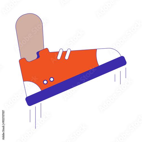 Shoe crushing in mid-air cartoon character foot illustration. Trample sneaker outline 2D vector image, white background. Big step. Authority tyranny. Stomping footwear editable flat color clipart
