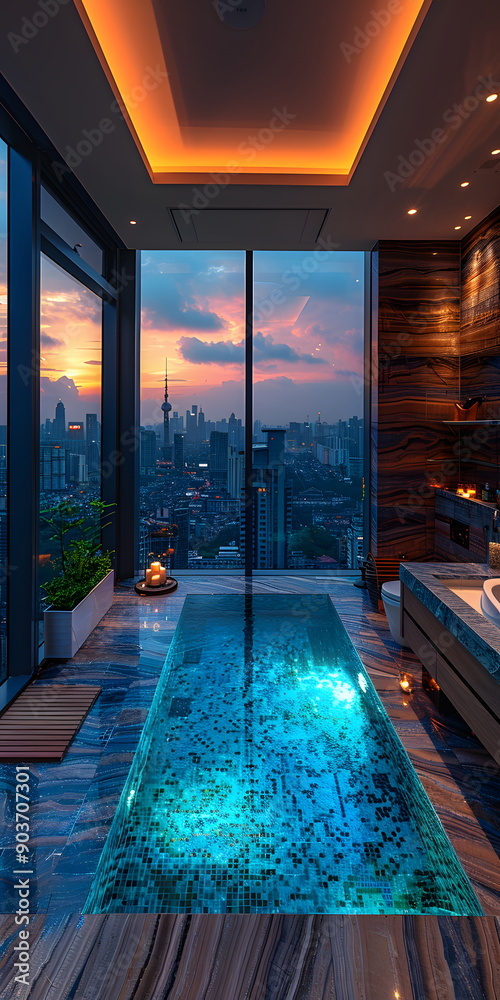 High-end luxury bathroom in a high-rise building Looks comfortable with ...