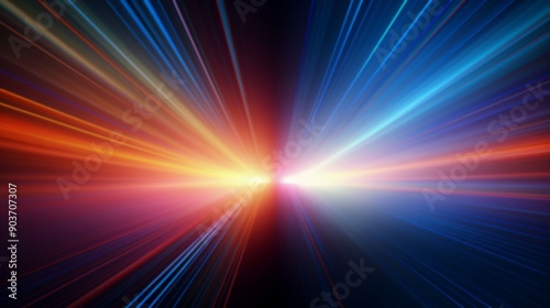 Colorful light trails stretch outward from a central glow, creating a dynamic visual effect in the dark atmosphere, unfocused image