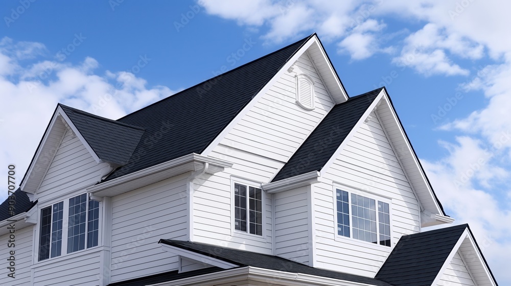 Upper part of a modern house with white siding, dark roof shingles, and windows under a blue sky with clouds. Upper part of a modern house with white siding, dark roof shingles, and windows under a blue sky with clouds.