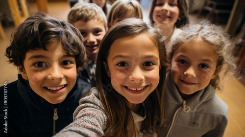 Class selfie in an elementary school. Kids taking a picture together in a co-ed school, photography.