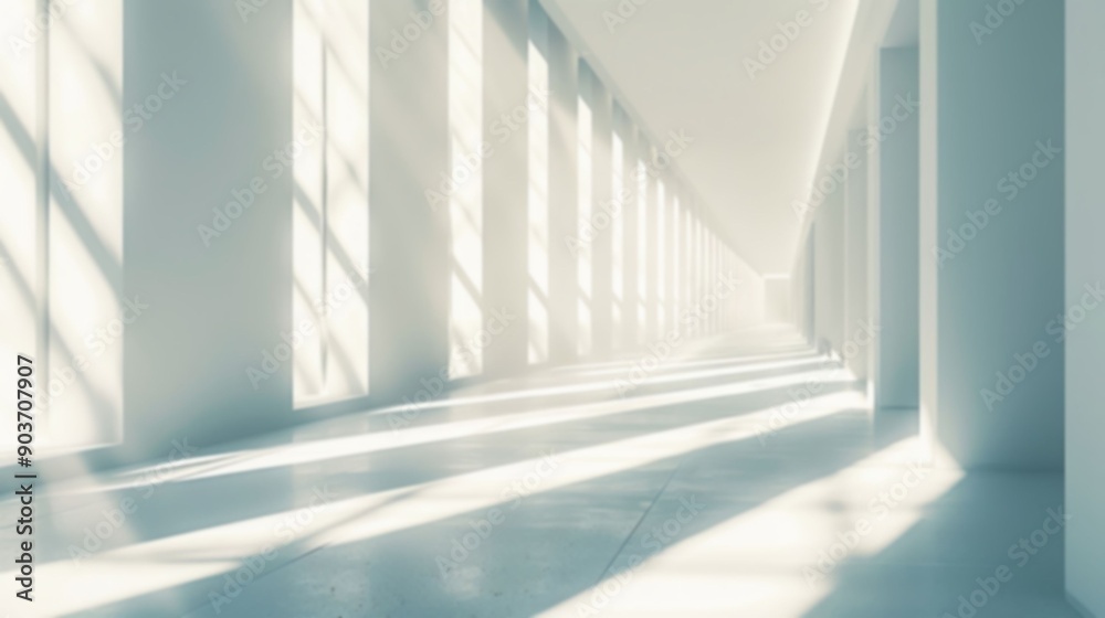 Fototapeta premium Soft light filters through tall windows, creating a serene atmosphere in a spacious hallway with minimalistic design, unfocused image