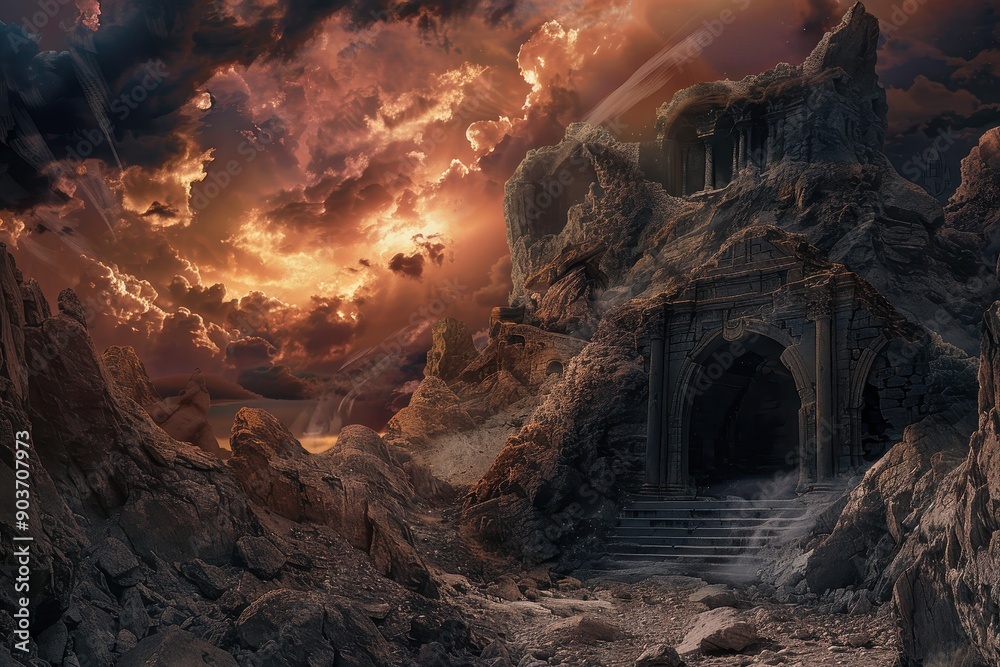 Fototapeta premium Mysterious Rocky Landscape with Ancient Ruins Under Stormy Sky