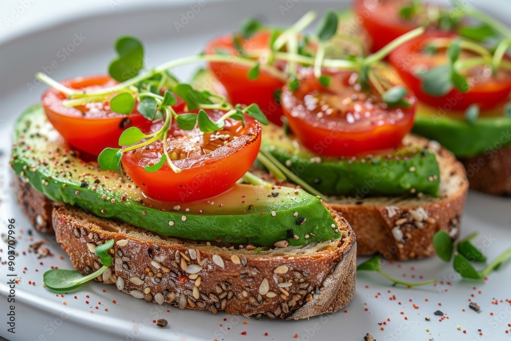 Close-Up of Avocado Toast With Cherry Tomatoes and Microgreens on a White Plate Close-Up of Avocado Toast With Cherry Tomatoes and Microgreens on a White Plate