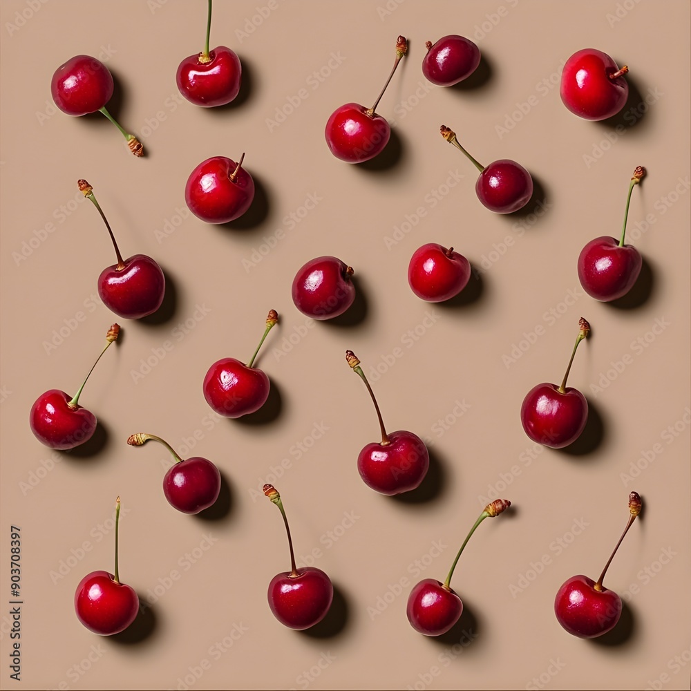 scattered fallen cherries isolated on brown background, full depth of field, clipping path, accurate detail scattered fallen cherries isolated on brown background, full depth of field, clipping path, accurate detail