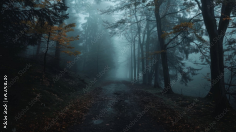 A blurred view of a serene forest pathway enveloped in morning fog and shadows cast by the dense trees, unfocused image A blurred view of a serene forest pathway enveloped in morning fog and shadows cast by the dense trees, unfocused image