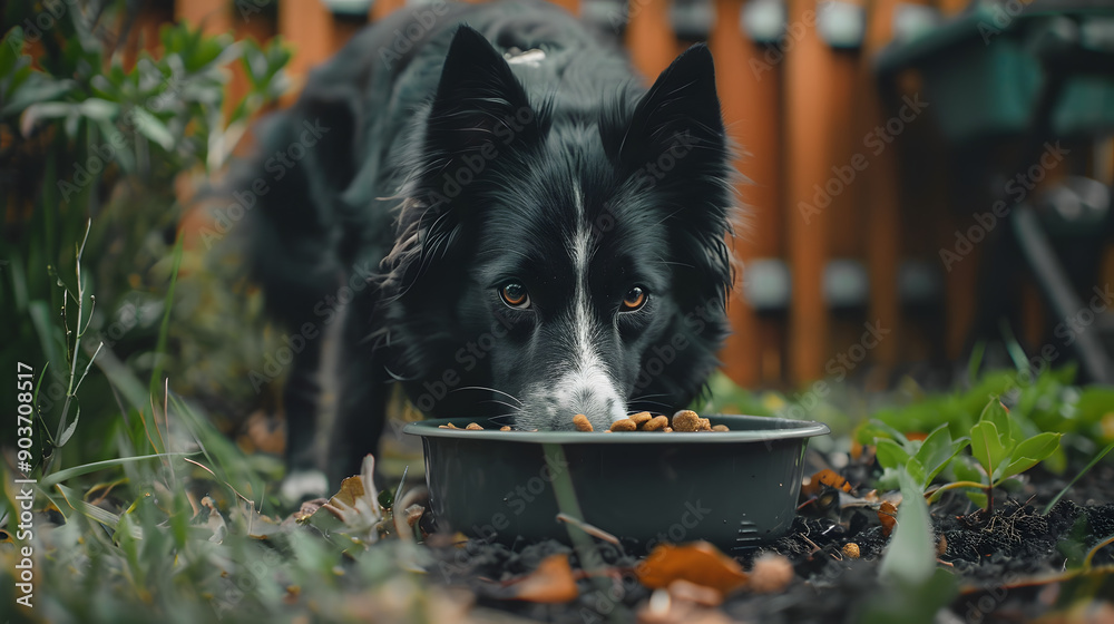 Border collie dog eating food from the bowl in the garden. Cute dog eating dinner.