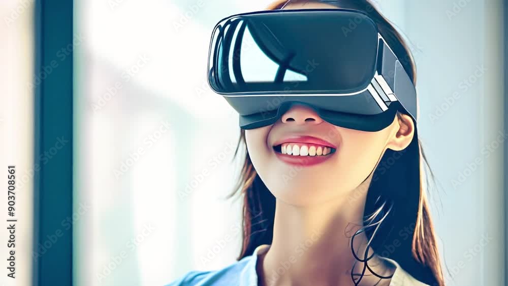 portrait of a smiling girl of Asian appearance wearing virtual reality glasses
portrait of a smiling girl of Asian appearance wearing virtual reality glasses