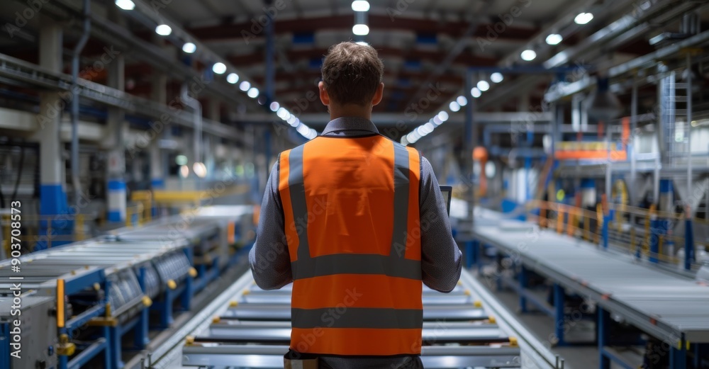 Engineer in orange safety vest overlooking factory floor with advanced machinery