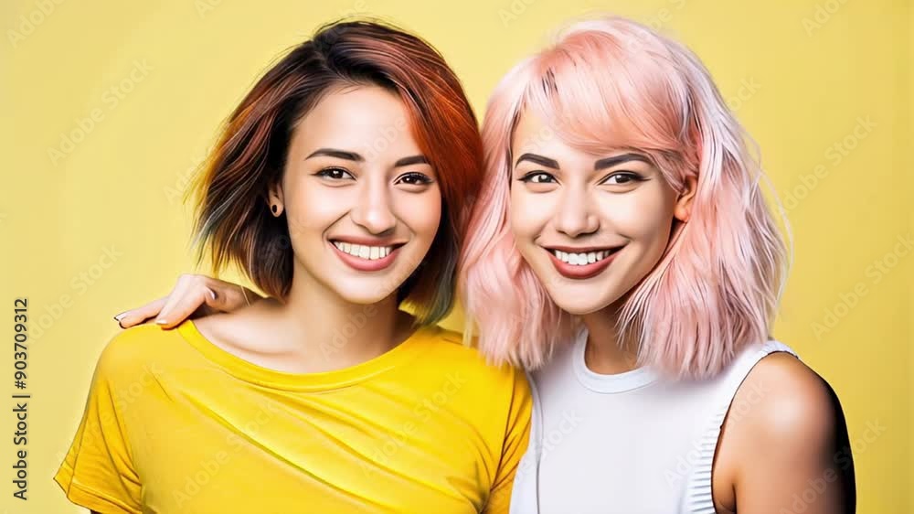 portrait of modern young girls friends on yellow plain background with colored hair smiling joyfully portrait of modern young girls friends on yellow plain background with colored hair smiling joyfully