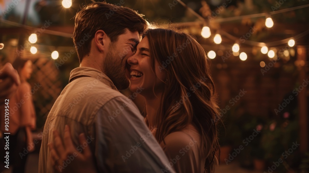 Romantic couple shares a joyful moment under string lights at night. They embrace and smile, enjoying each other's company in a cozy outdoor setting. Romantic couple shares a joyful moment under string lights at night. They embrace and smile, enjoying each other's company in a cozy outdoor setting.