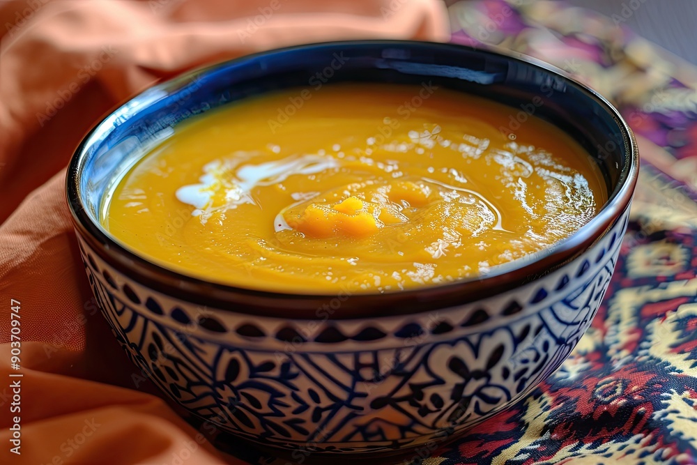A bowl of pumpkin soup with cream. The bowl has a beautiful blue and white pattern, and the soup looks delicious and creamy. A bowl of pumpkin soup with cream. The bowl has a beautiful blue and white pattern, and the soup looks delicious and creamy.