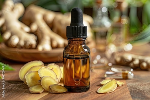 Ginger essential oil in a bottle. This image shows a bottle of ginger essential oil with fresh ginger root slices. photo