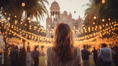 Woman at festive outdoor event surrounded by twinkling lights, creating a magical atmosphere