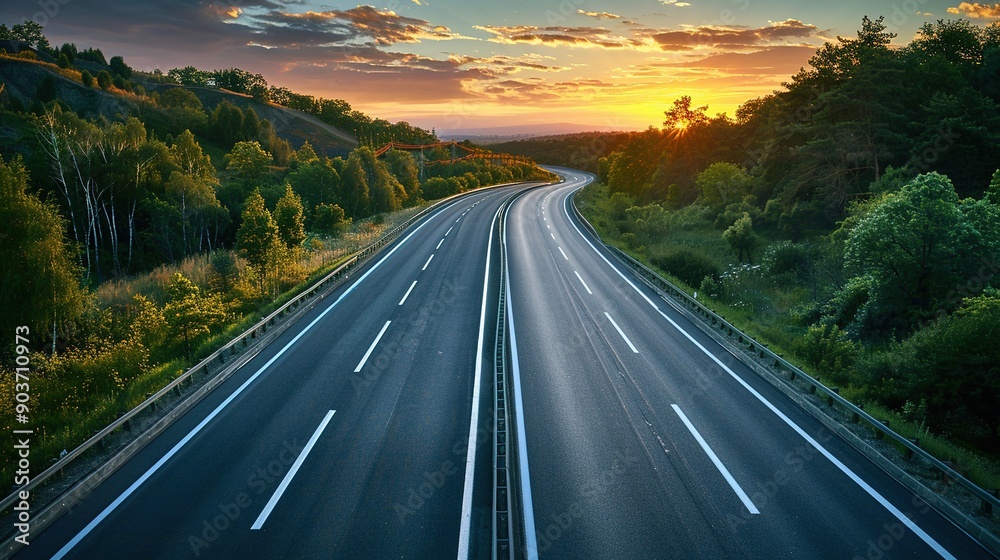 Golden Hour Highway: A scenic highway winds through a vibrant forest at sunset, promising adventure and open roads. Golden Hour Highway: A scenic highway winds through a vibrant forest at sunset, promising adventure and open roads.