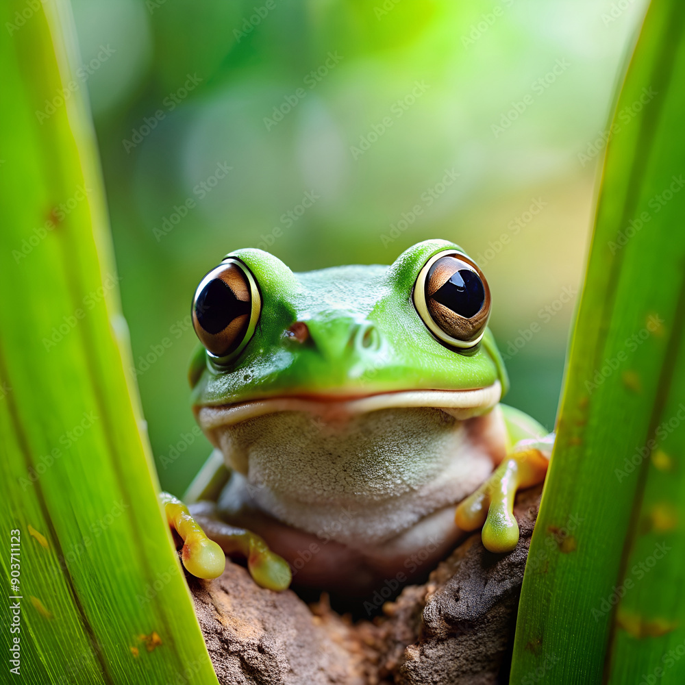 Close-up of a vibrant green tree frog clinging to a leaf in a lush, natural setting Close-up of a vibrant green tree frog clinging to a leaf in a lush, natural setting